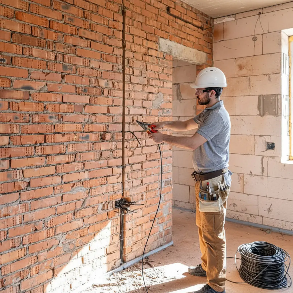 Execuție instalație electrică — electrician trăgând circuite pe perete de cărămidă, casă la roșu